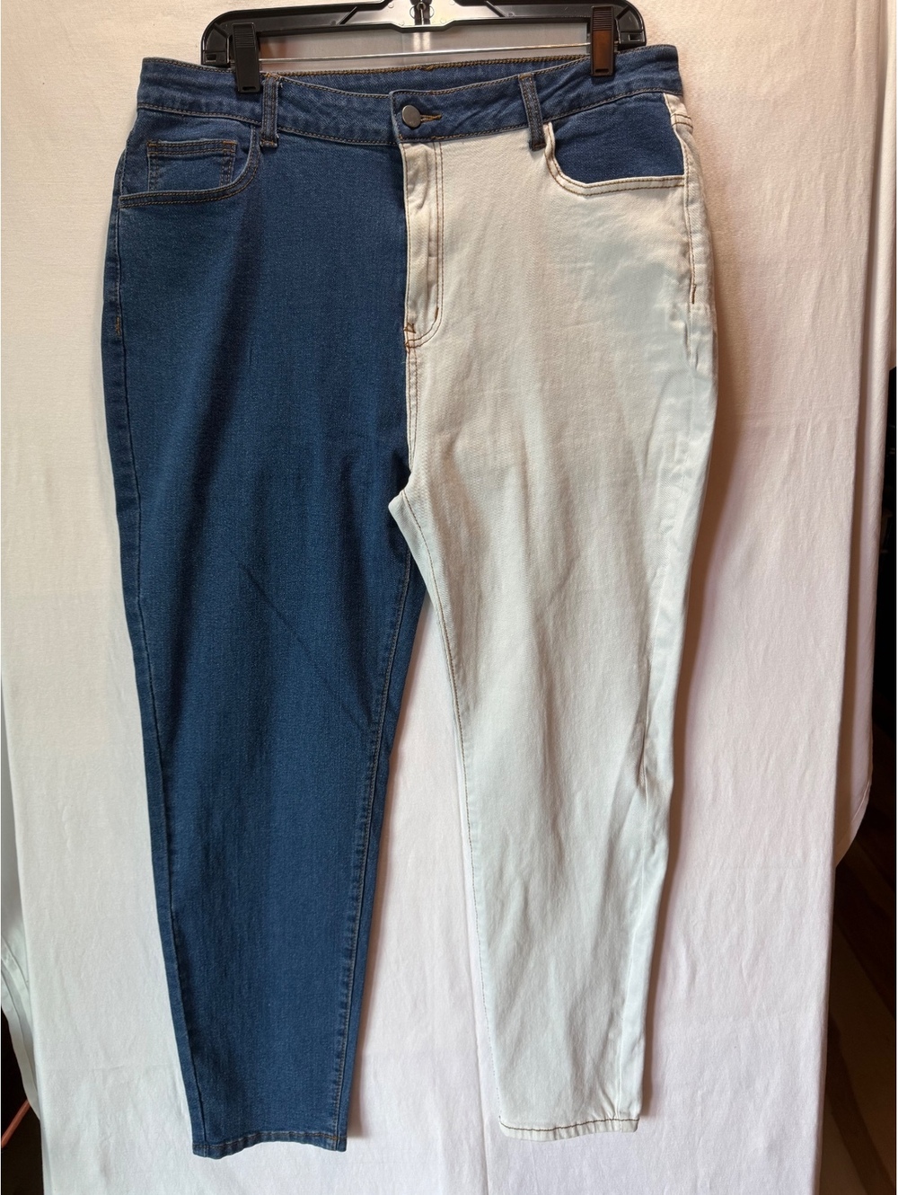Two-Tone Skinny Jeans with Blue and White Denim Panels